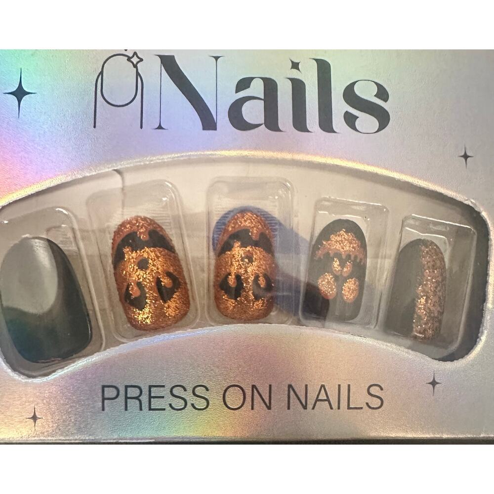 ArovFam Halloween Sparkly Pumpkin Press On Nail Set 24 piece Fake Nails